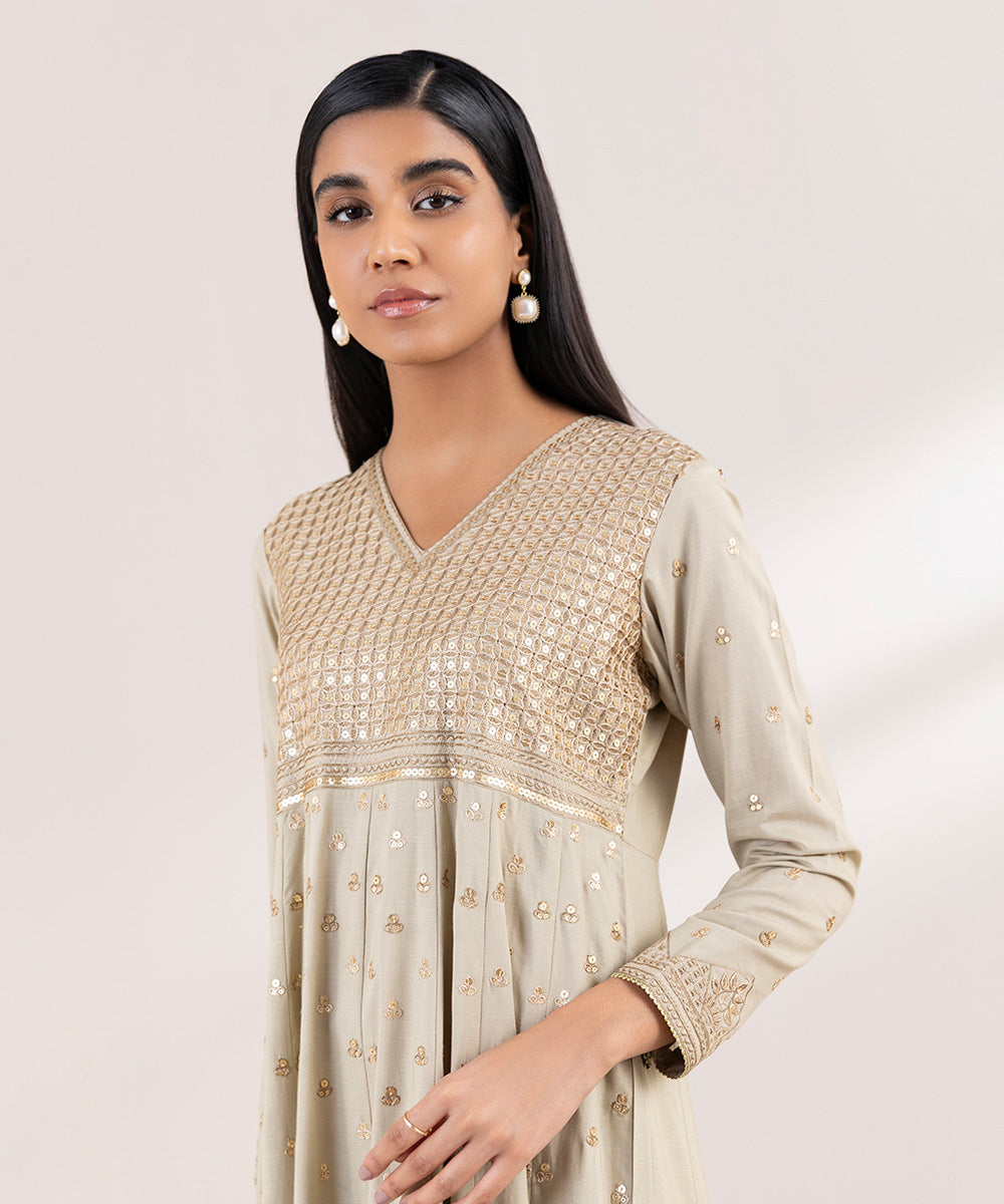 Women's Pret Raw Silk Embroidered Beige Pishwas