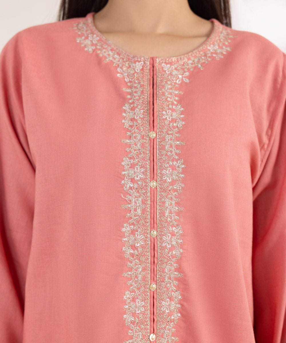 Women's Pret Cotton Linen Embroidered Pink Boxy Shirt