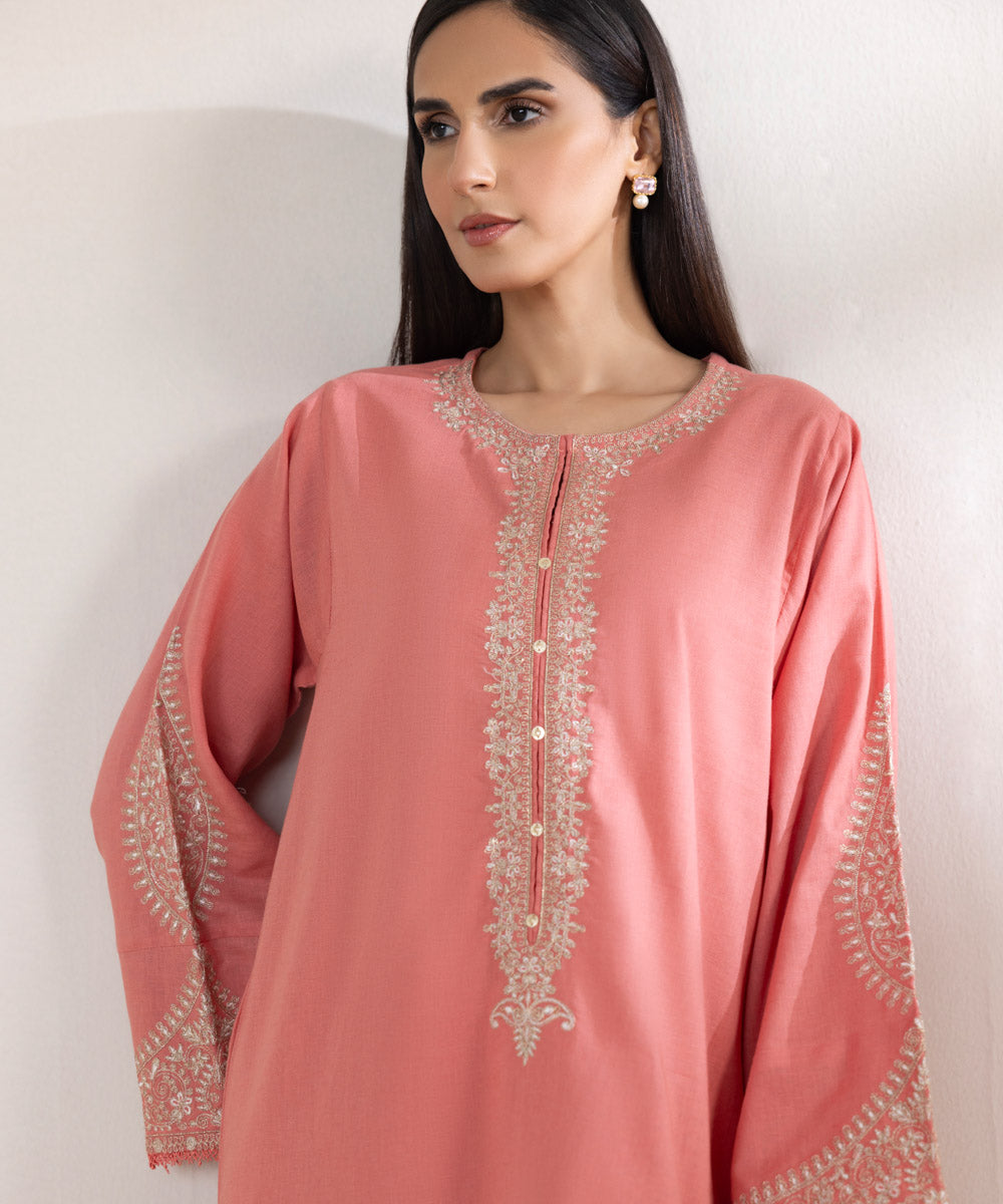 Women's Pret Cotton Linen Embroidered Pink Boxy Shirt