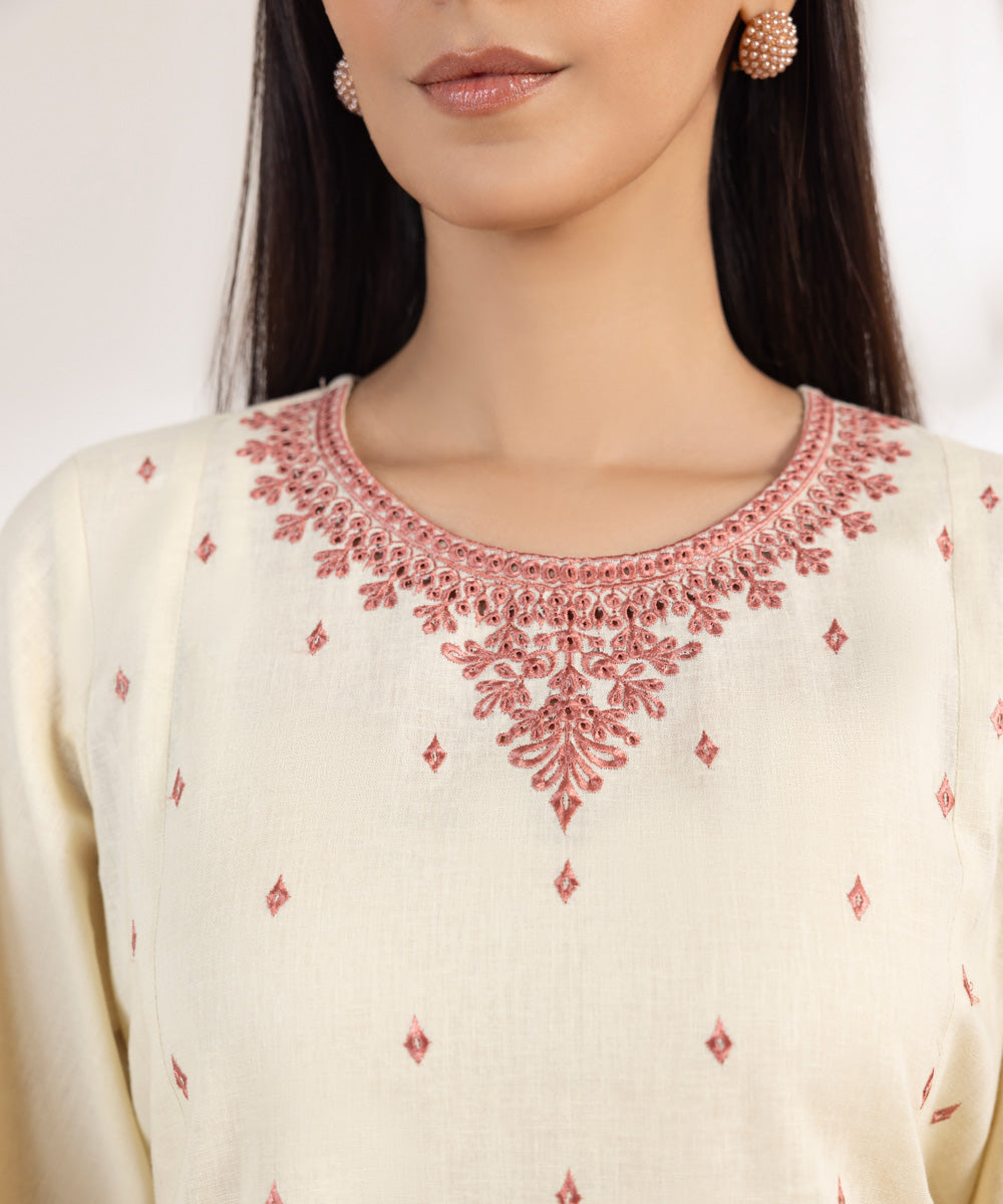 Women's Pret Cotton Linen Embroidered Off White A-Line Shirt