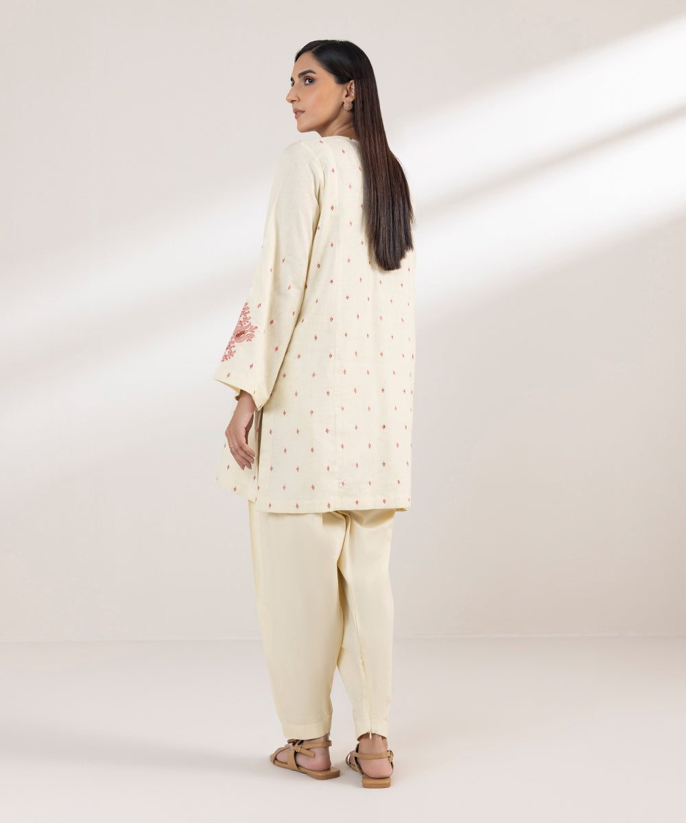 Women's Pret Cotton Linen Embroidered Off White A-Line Shirt