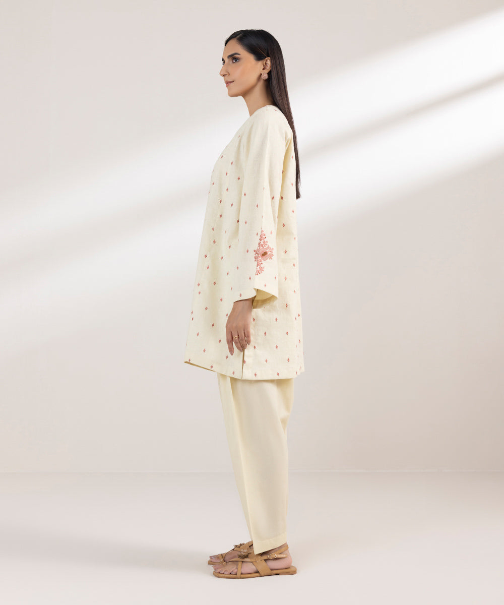 Women's Pret Cotton Linen Embroidered Off White A-Line Shirt