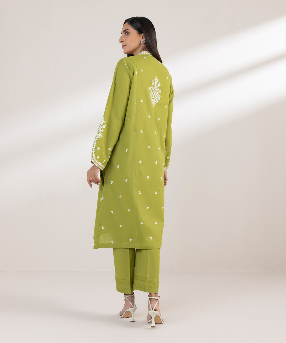 Women's Pret Cotton Linen Embroidered Green A-Line Shirt