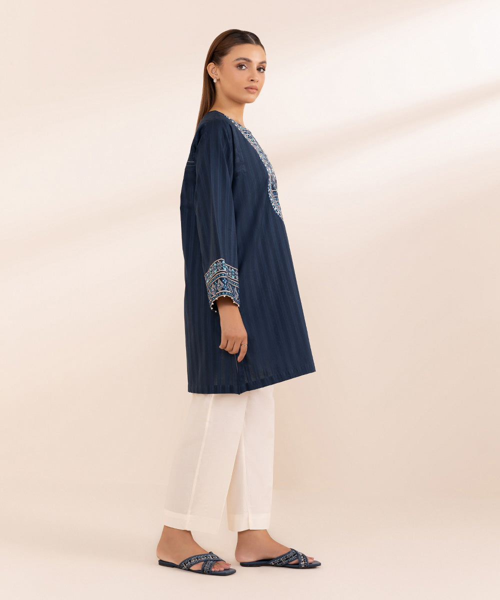 Women's Pret Dobby Blue Solid Embroidered Boxy Shirt