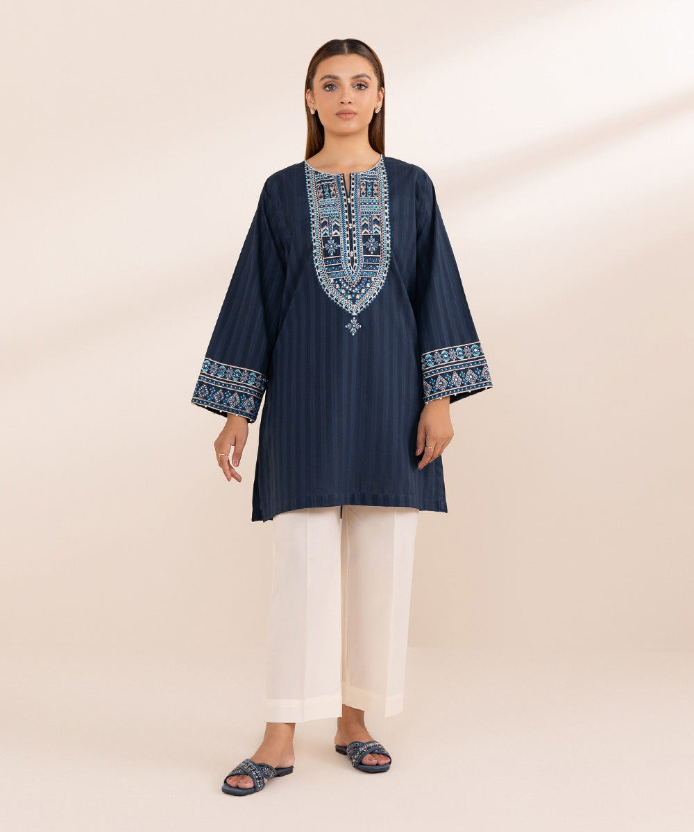 Women's Pret Dobby Blue Solid Embroidered Boxy Shirt