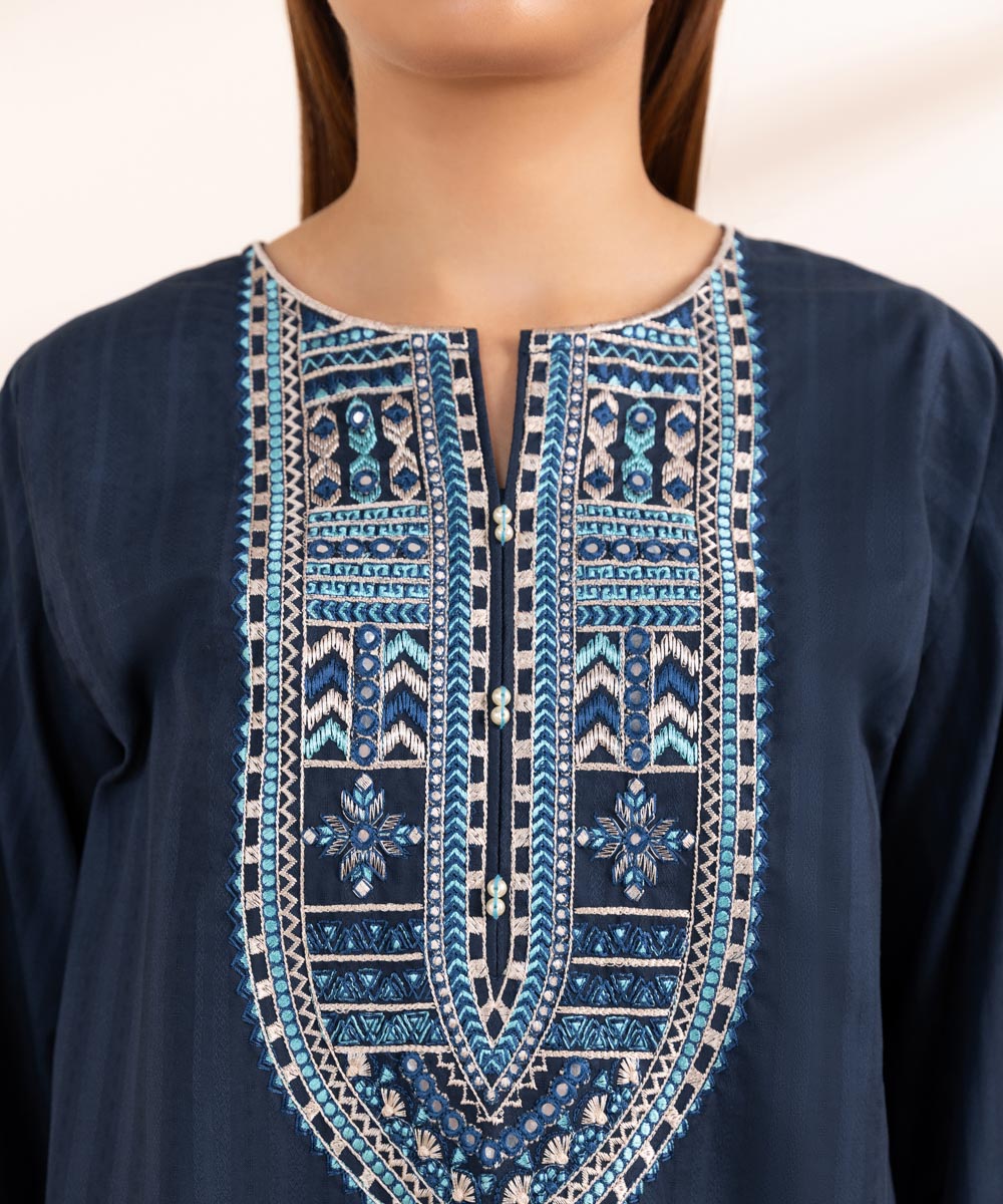 Women's Pret Dobby Blue Solid Embroidered Boxy Shirt