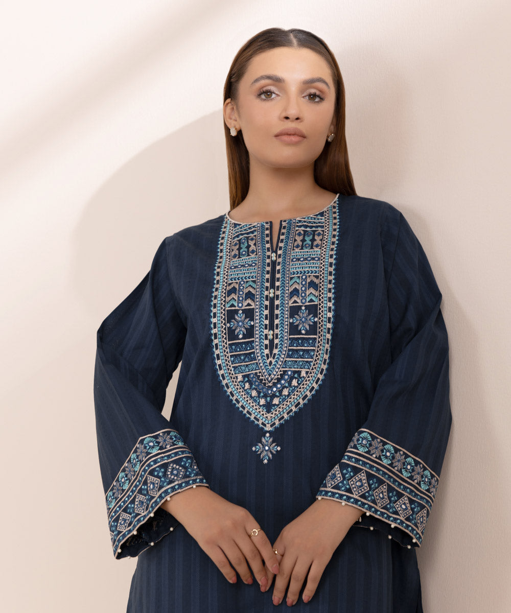 Women's Pret Dobby Blue Solid Embroidered Boxy Shirt