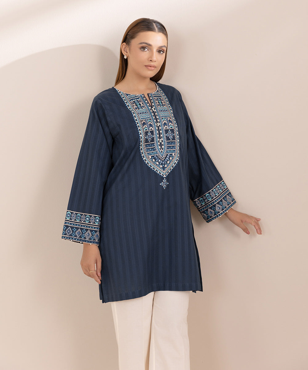 Women's Pret Dobby Blue Solid Embroidered Boxy Shirt