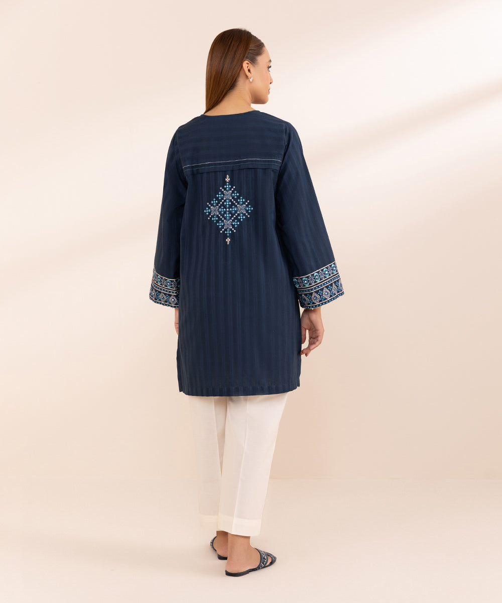 Women's Pret Dobby Blue Solid Embroidered Boxy Shirt