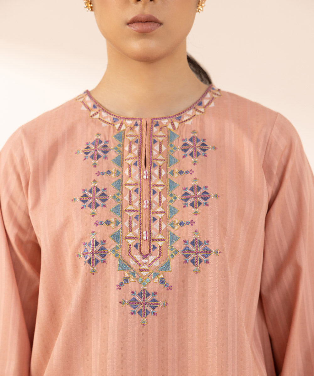 Women's Pret Dobby Pink Solid Embroidered A-Line Shirt