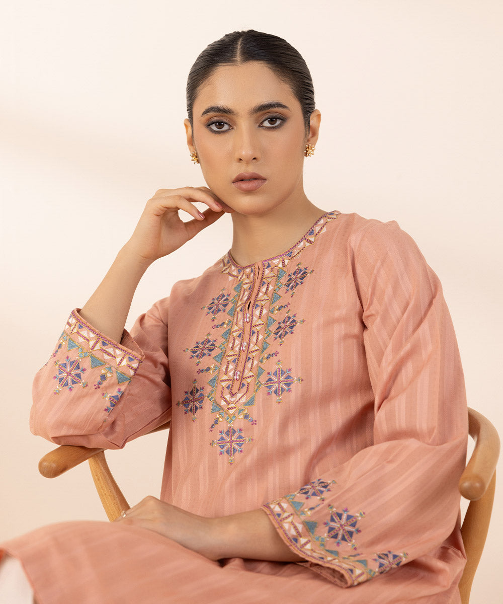 Women's Pret Dobby Pink Solid Embroidered A-Line Shirt