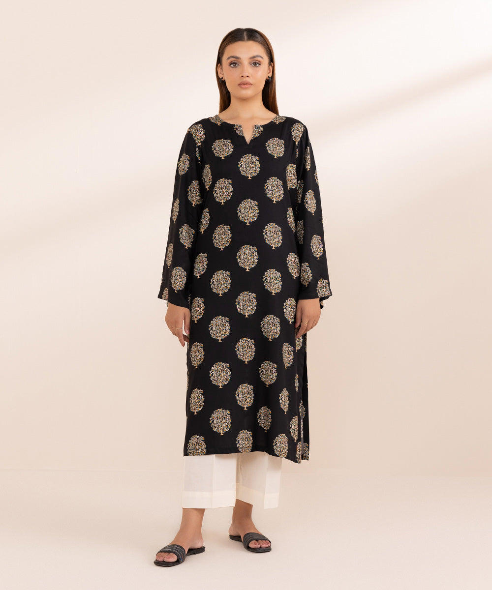 Women's Pret Arabic Lawn Black Printed Straight Shirt