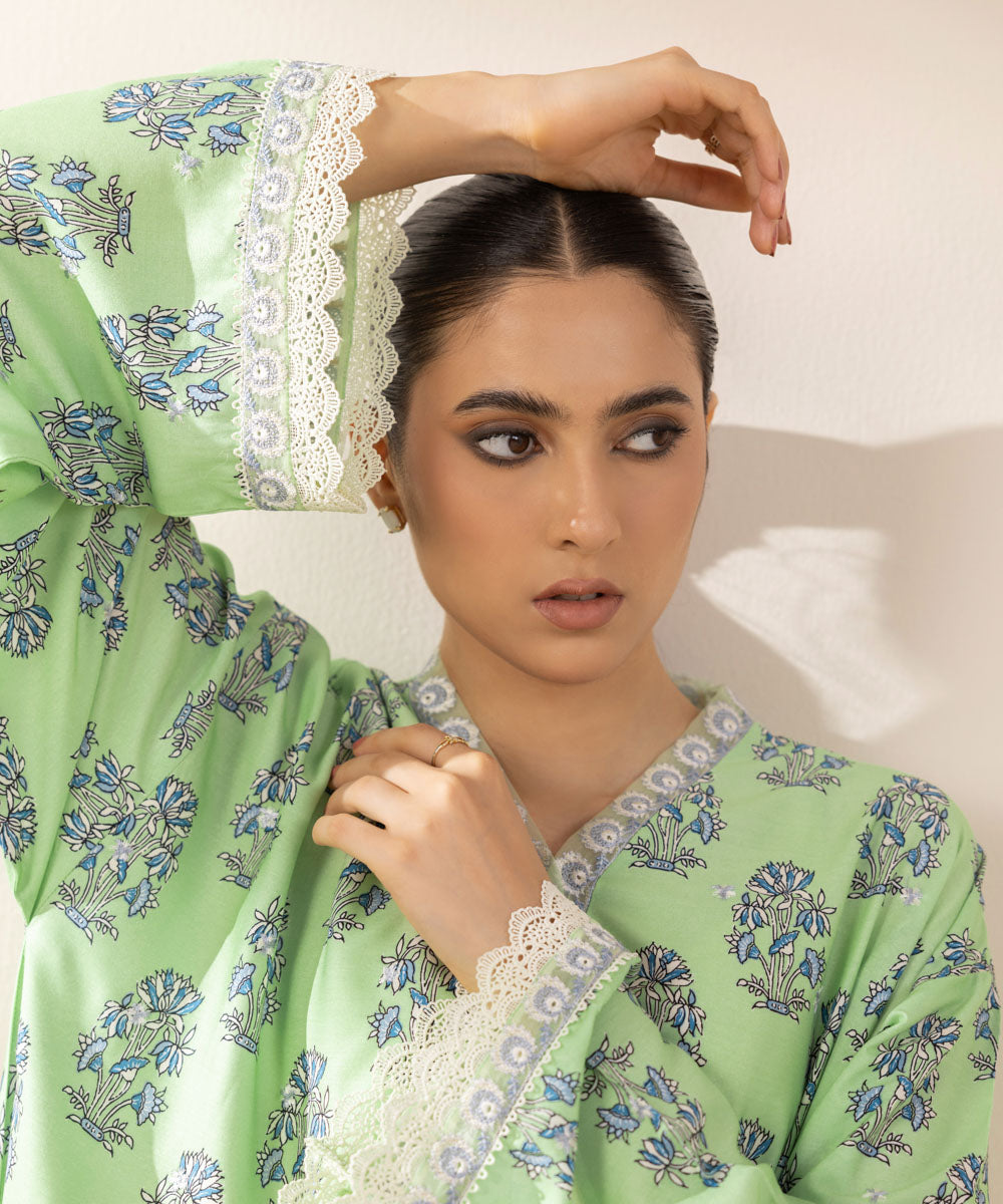 Women's Pret Arabic Lawn Green Printed Embroidered A-Line Shirt