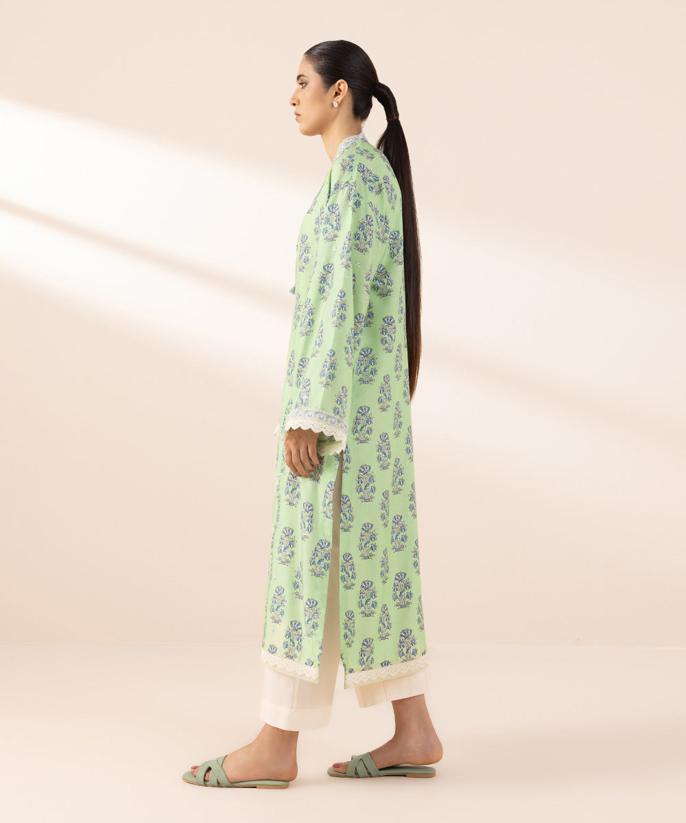 Women's Pret Arabic Lawn Green Printed Embroidered A-Line Shirt