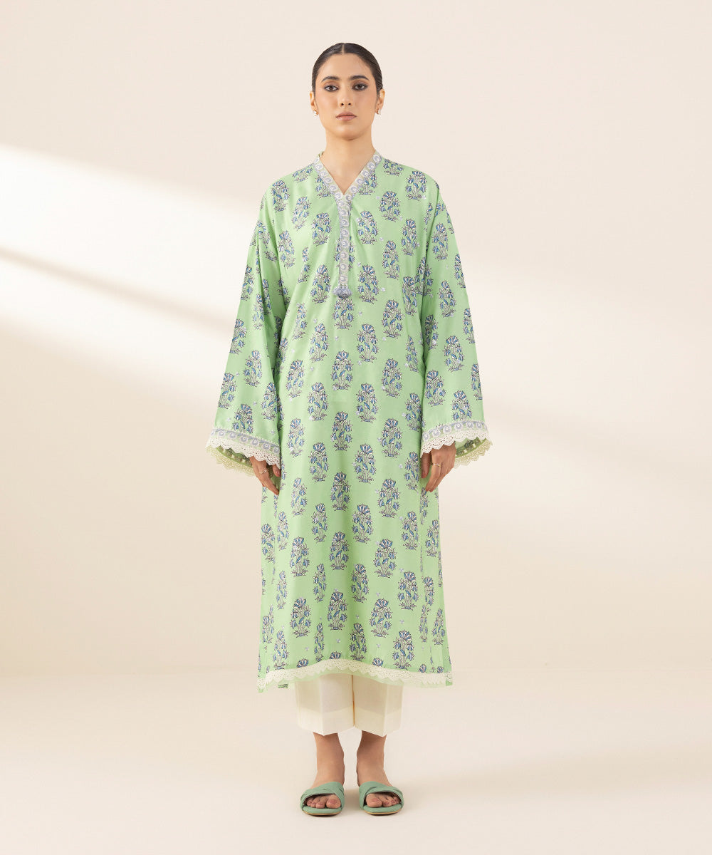 Women's Pret Arabic Lawn Green Printed Embroidered A-Line Shirt