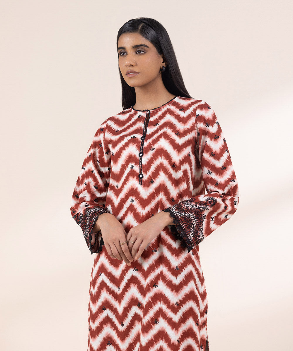 Women's Pret Khaddar Embroidered Red And White A-Line Shirt