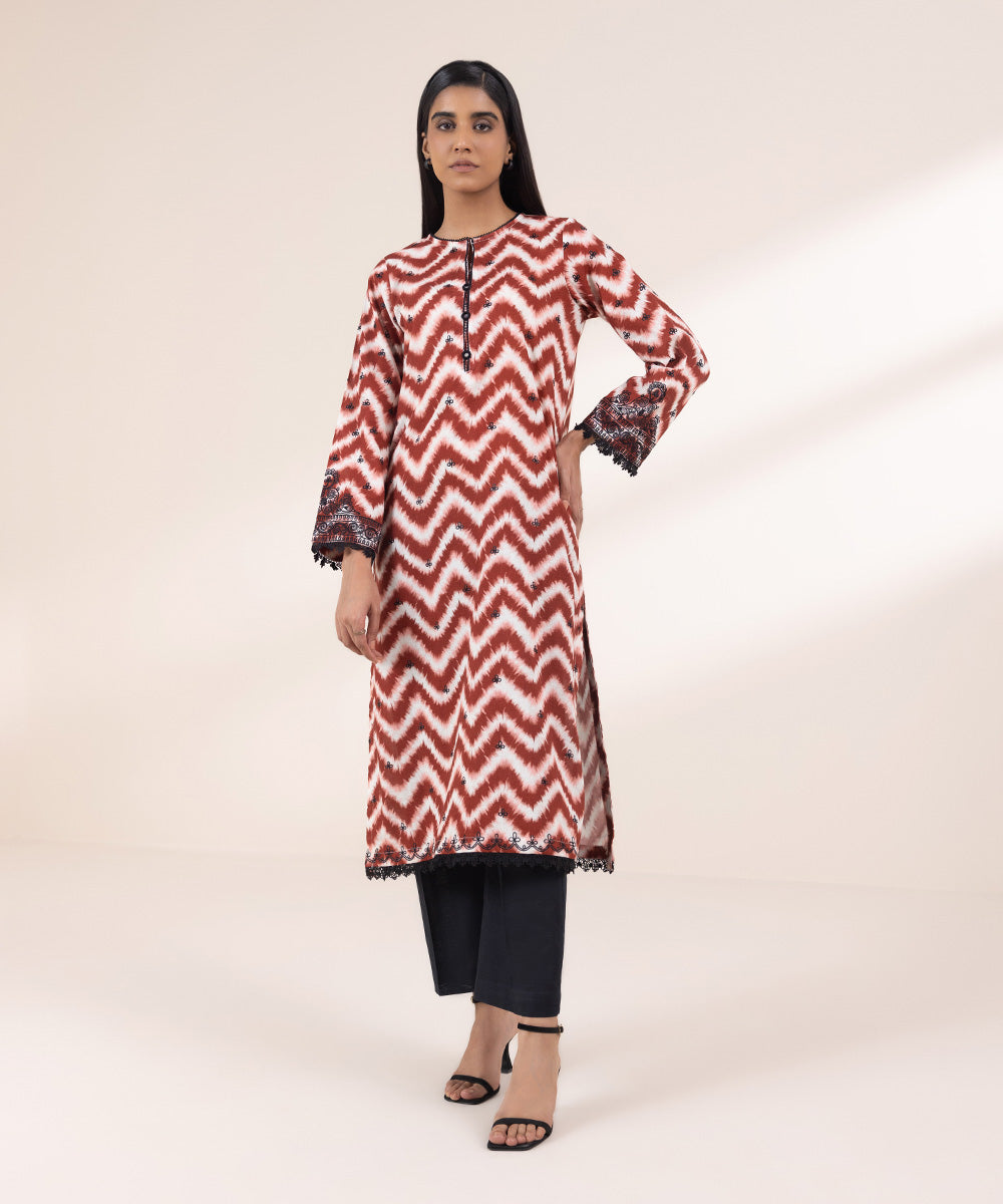 Women's Pret Khaddar Embroidered Red And White A-Line Shirt