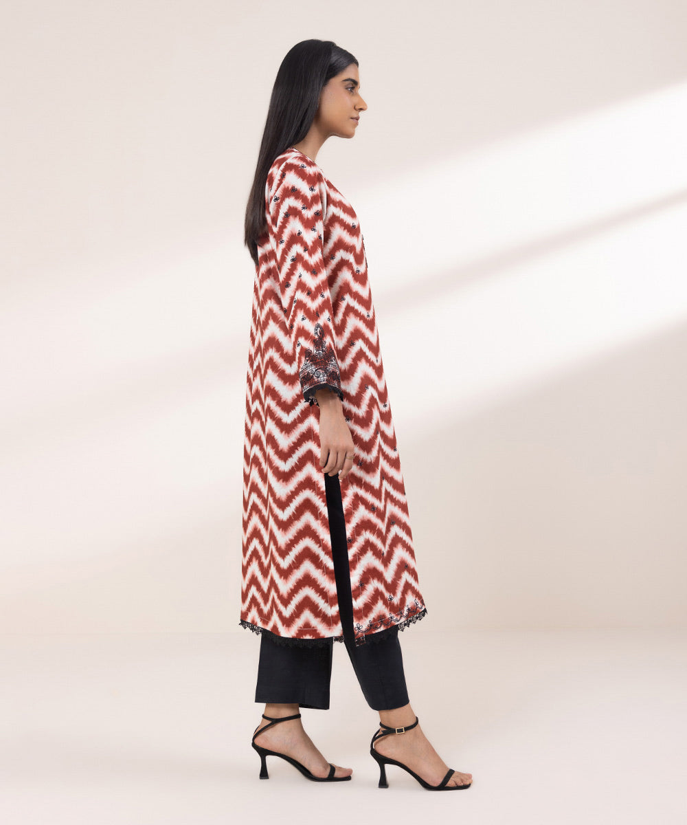 Women's Pret Khaddar Embroidered Red And White A-Line Shirt