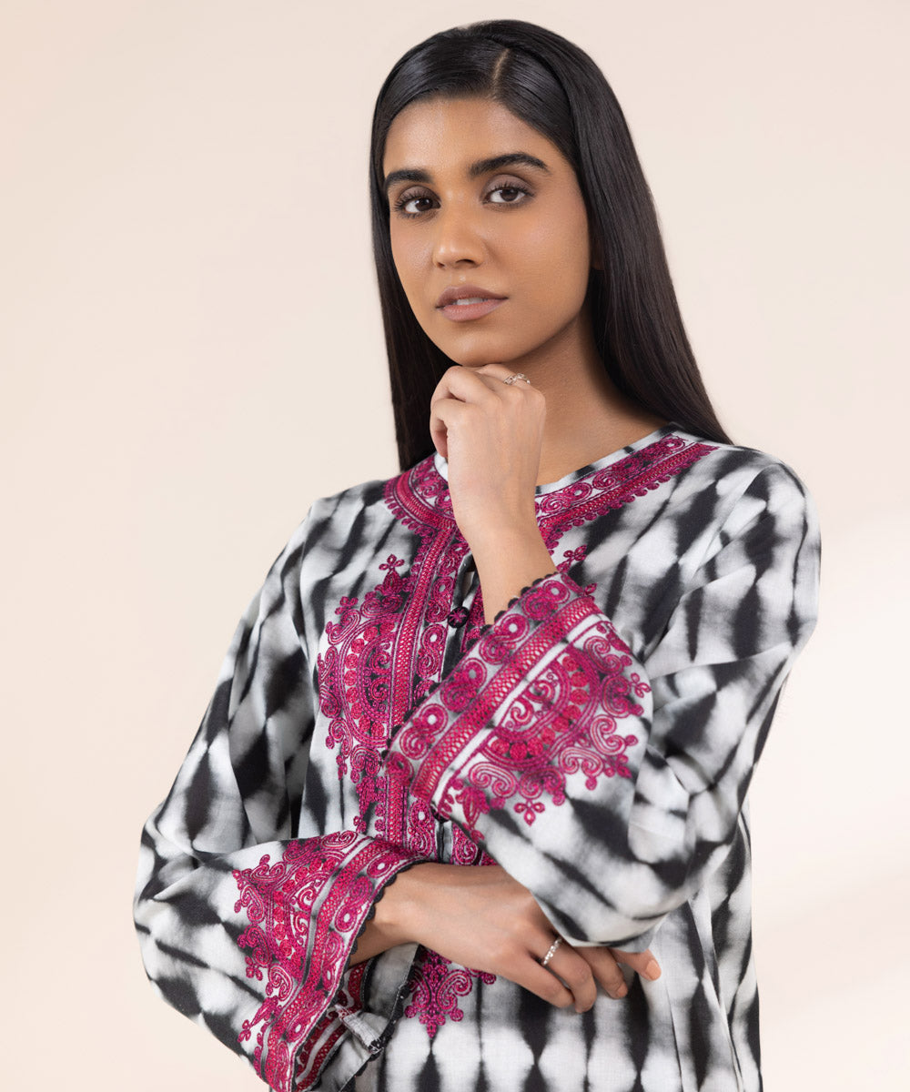 Women's Pret Khaddar Embroidered Black And Grey A-Line Shirt