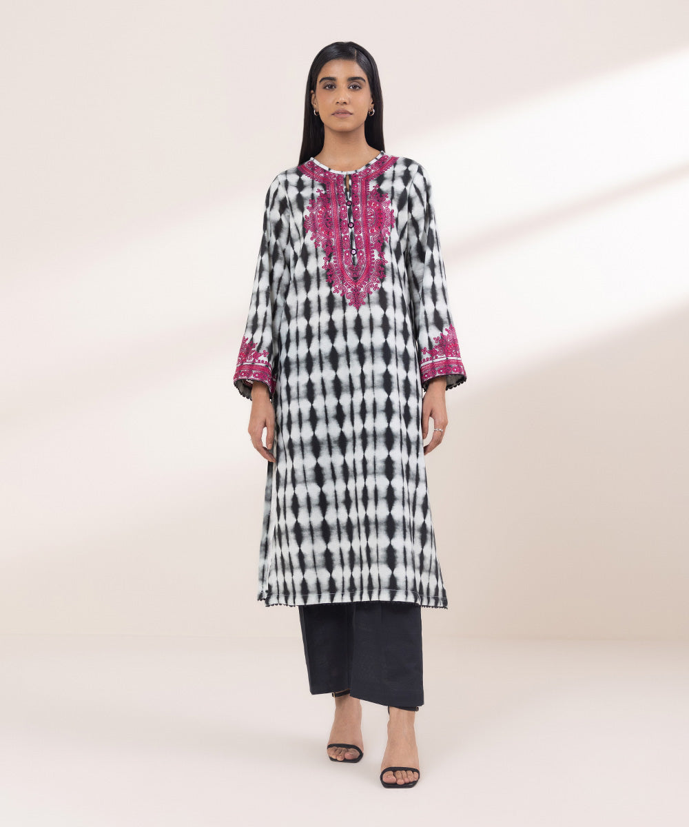 Women's Pret Khaddar Embroidered Black And Grey A-Line Shirt