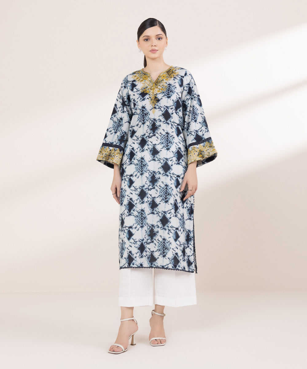 Women's Pret Khaddar Embroidered Grey And Blue A-Line Shirt