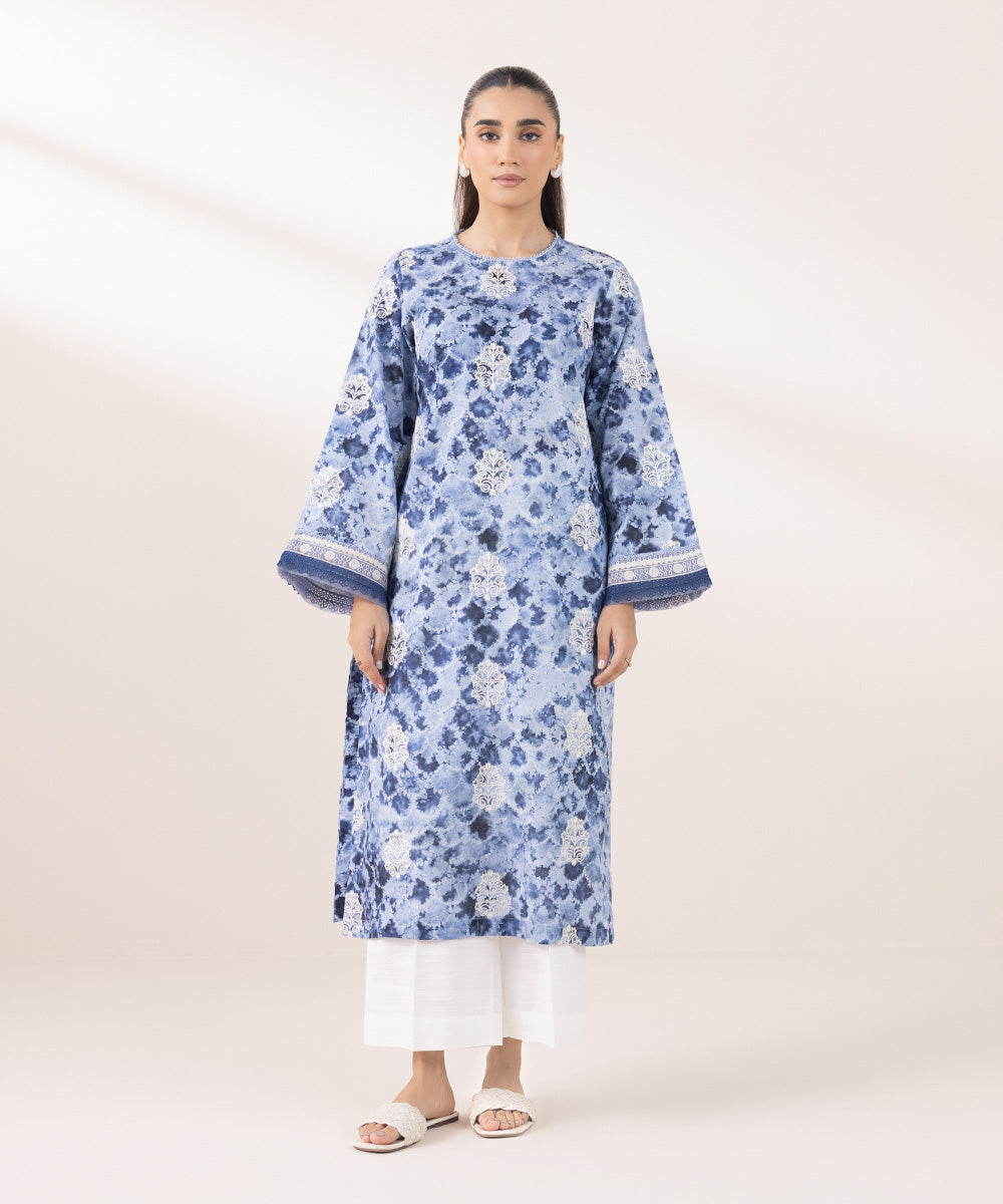 Women's Pret Khaddar Embroidered Periwinkle Blue A-Line Shirt