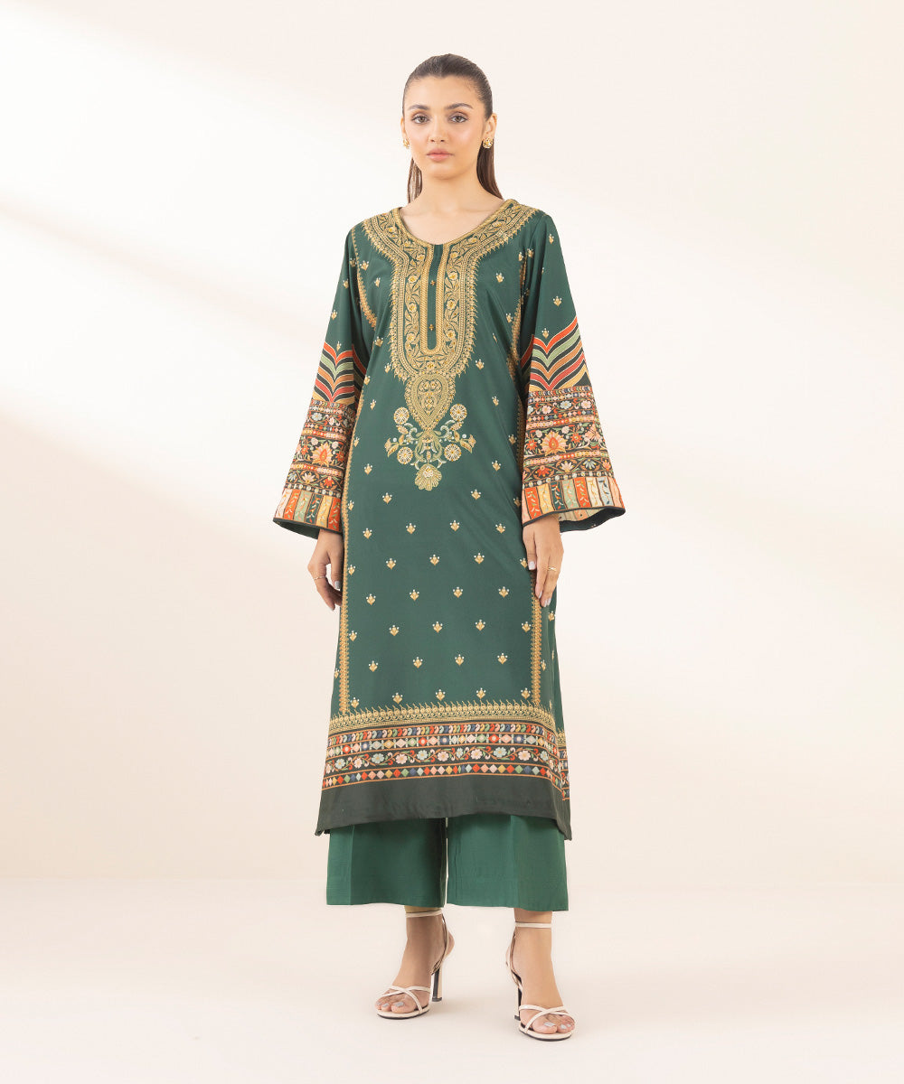 Women's Pret Viscose Raw Silk Green Printed 2 Piece Suit