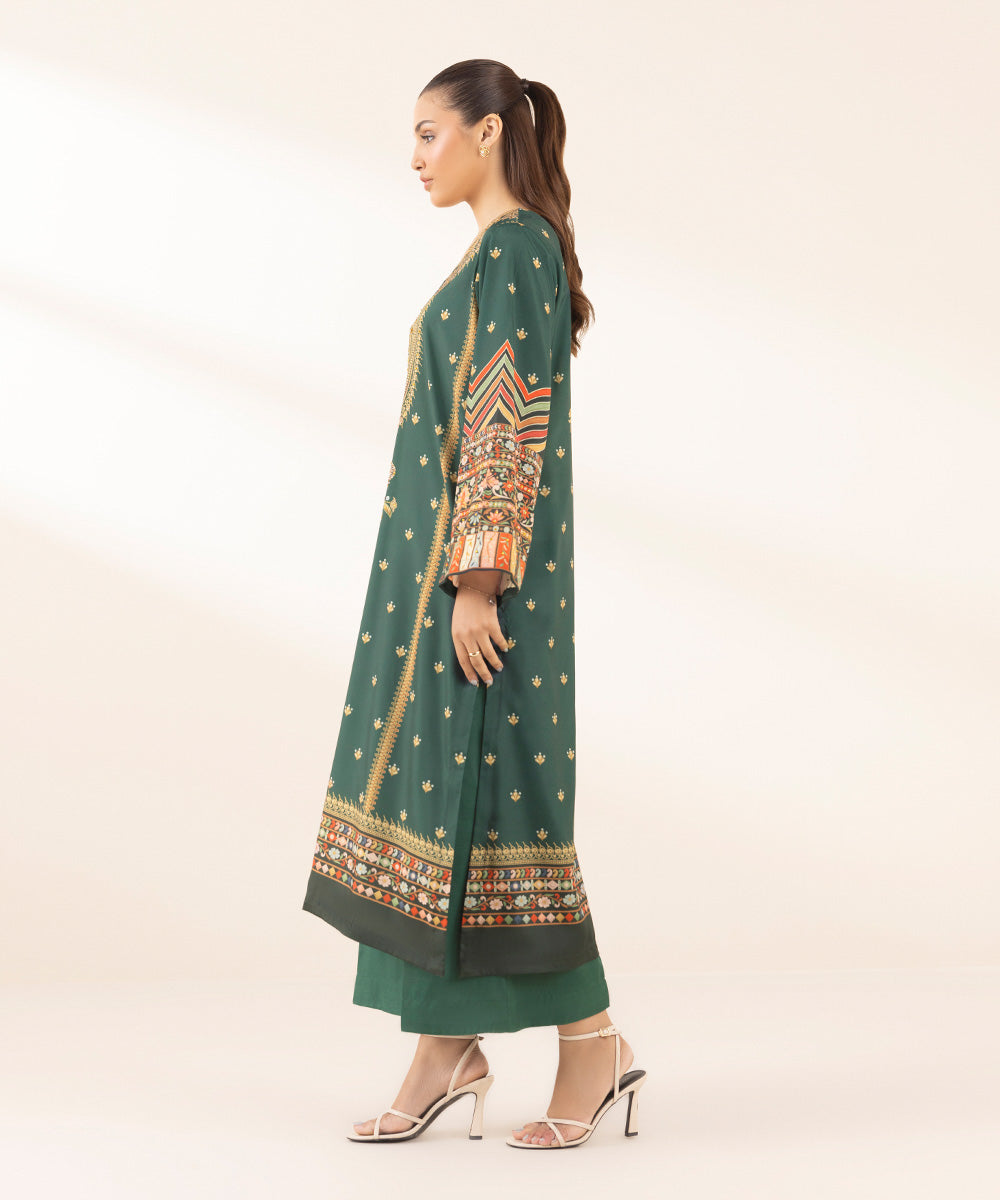 Women's Pret Viscose Raw Silk Green Printed 2 Piece Suit