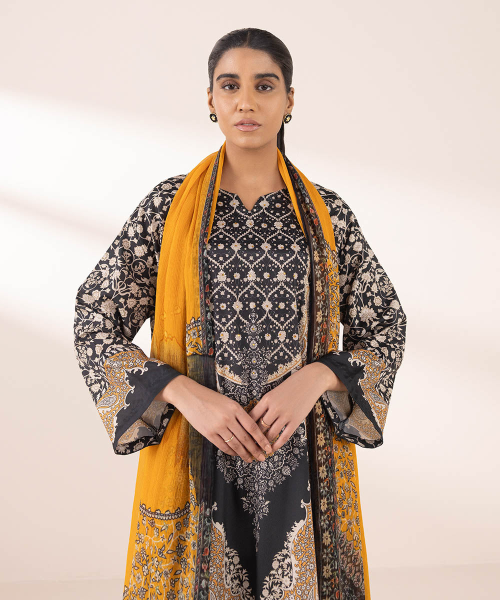 Women's RTW Blended Grip Black Printed Three Piece Suit