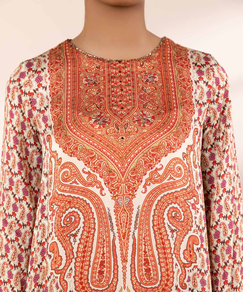 Women's Pret Chamoze Silk Printed Orange 2 Piece Suit