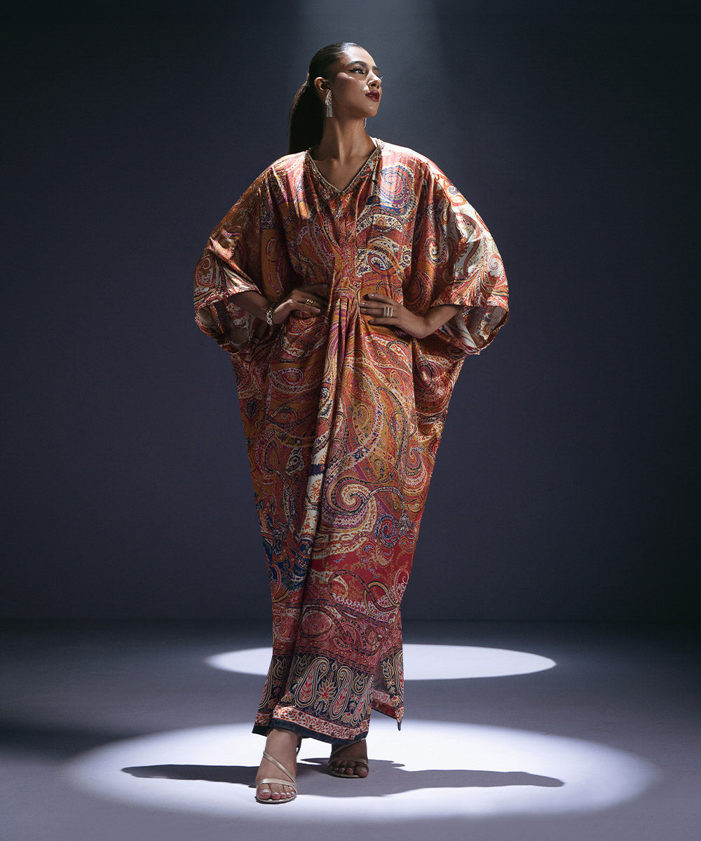 Women's Pret Blended Satin Printed Orange Kaftan Shirt