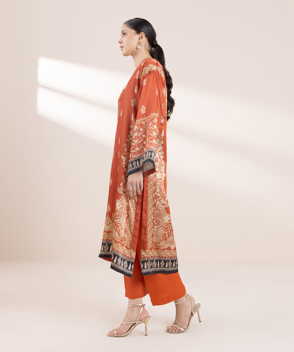 Women's Pret Blended Satin Printed Orange 2 Piece Suit