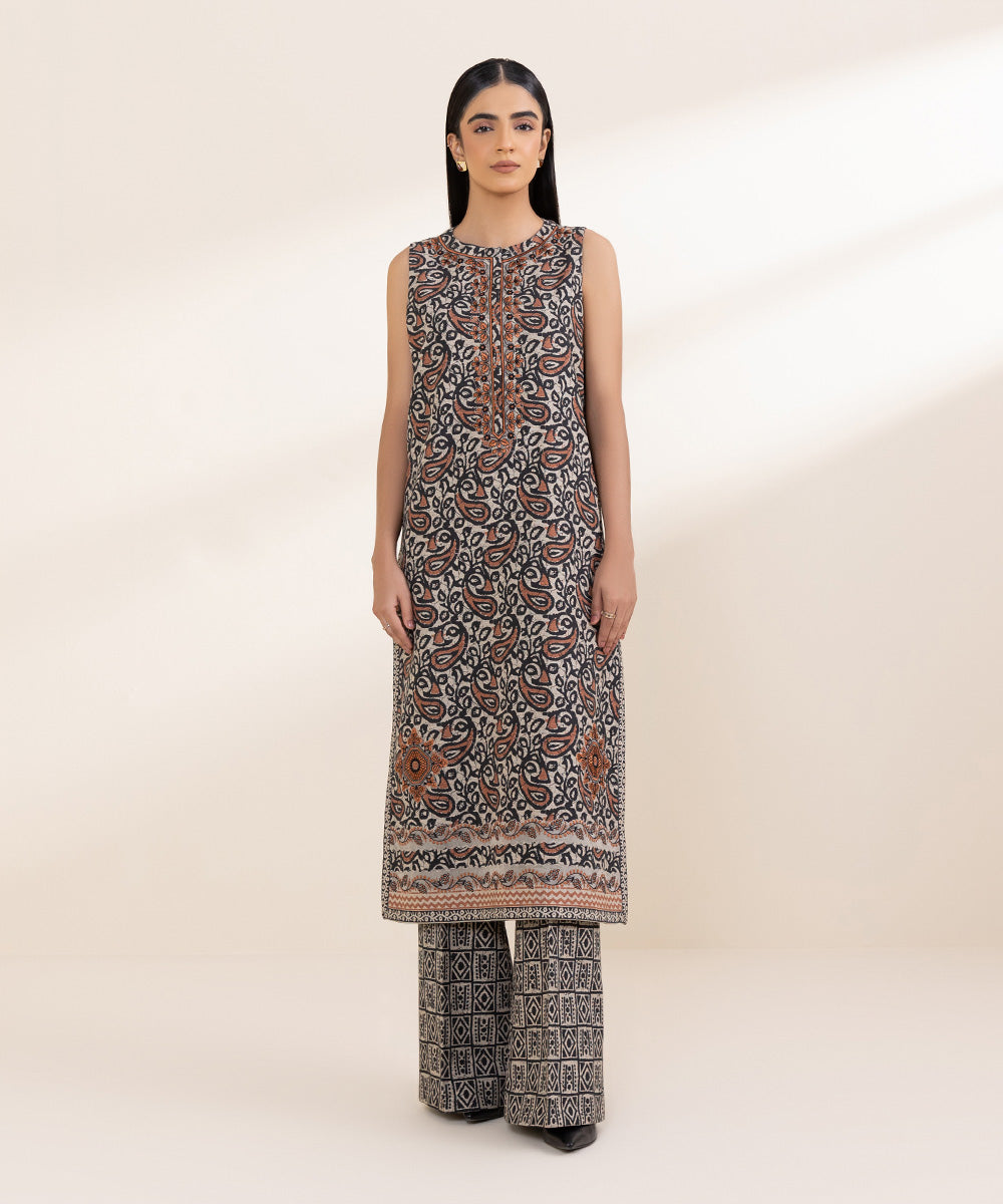 Women's Unstitched Embroidered Beige And Black Khaddar Shirt and Trousers