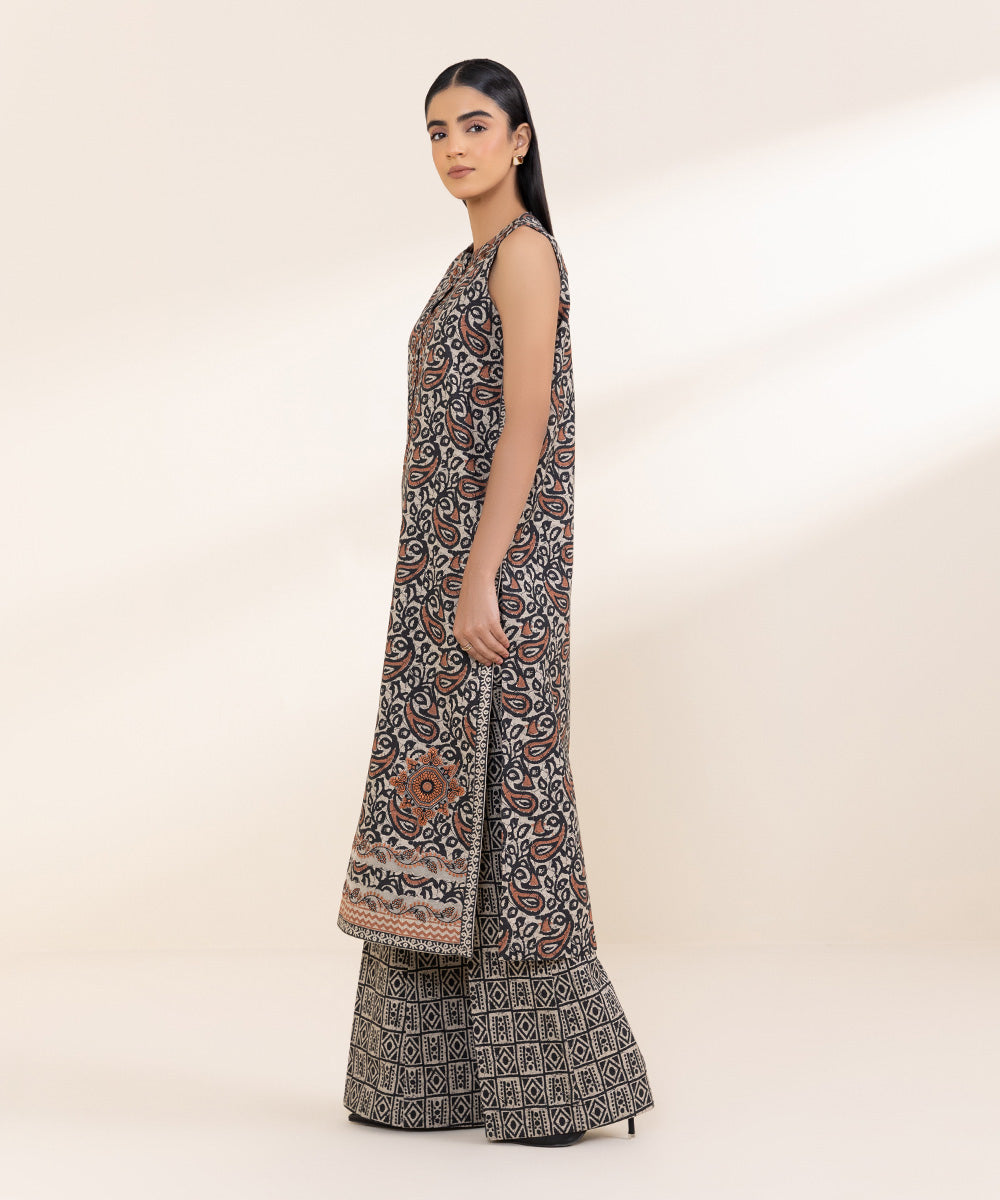 Women's Unstitched Embroidered Beige And Black Khaddar Shirt and Trousers