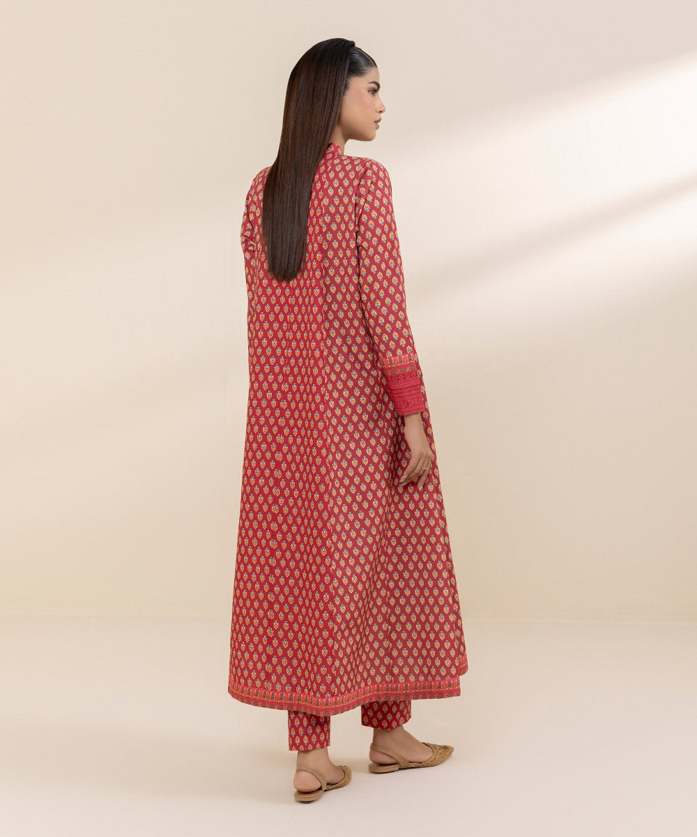 Women's Unstitched Khaddar Red Printed 2 Piece Suit 