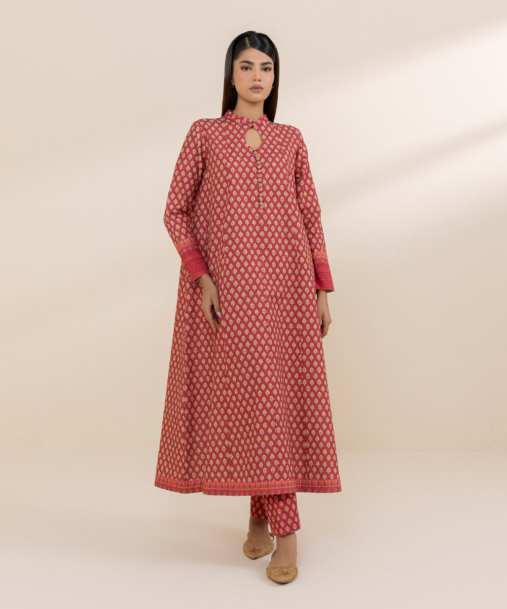 Women's Unstitched Khaddar Red Printed 2 Piece Suit 