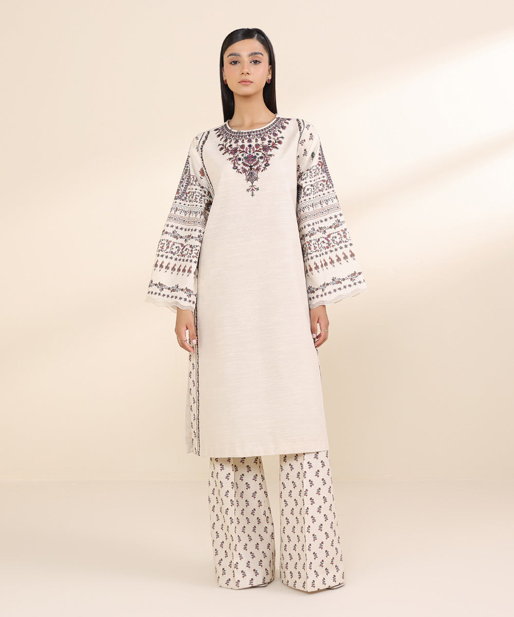 Women's Unstitched Khaddar Off White Embroidered 2 Piece Suit