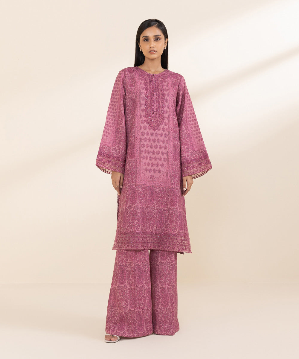 Women's Unstitched Cotton Karandi Pink Embroidered 2 Piece Suit