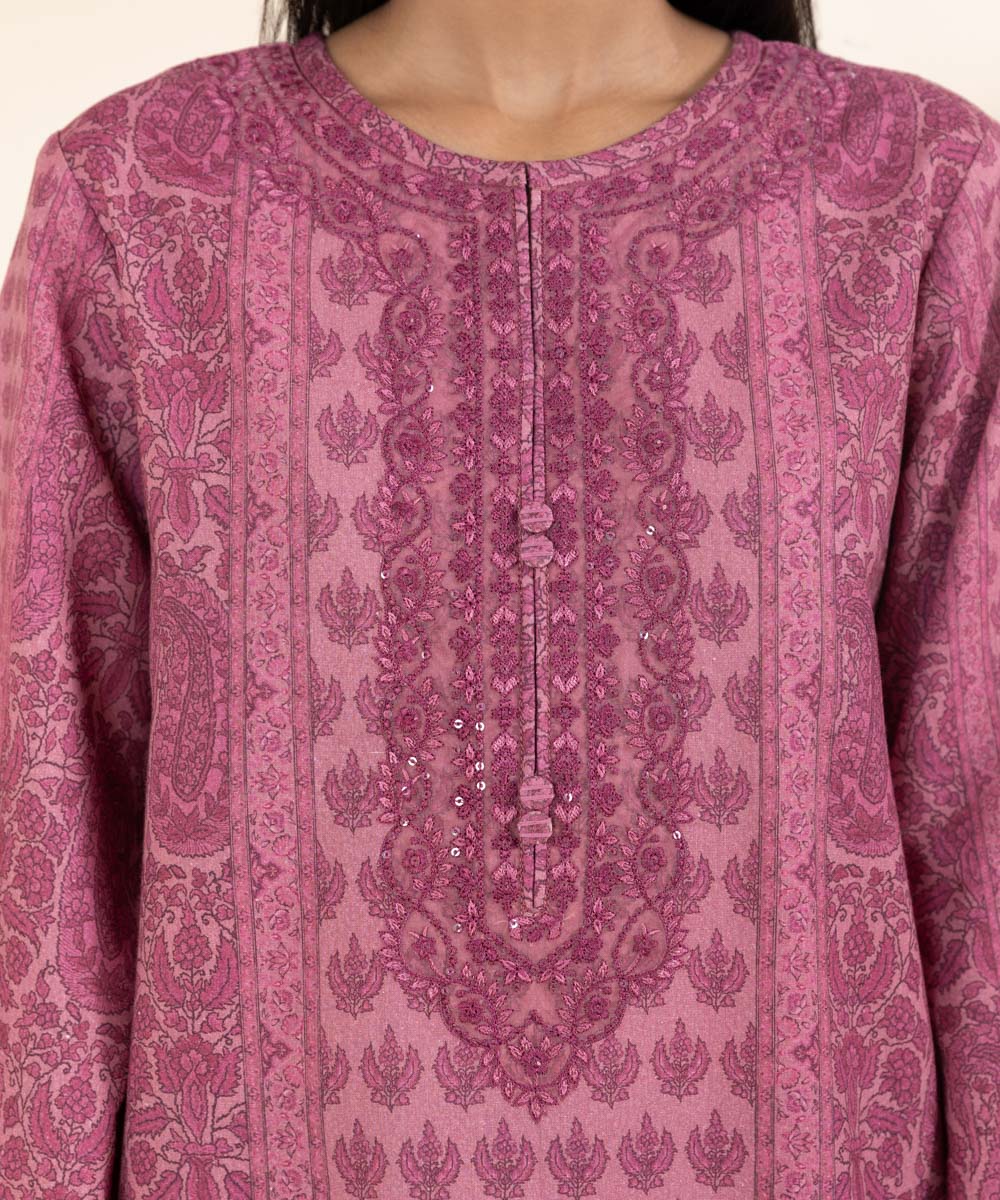 Women's Unstitched Cotton Karandi Pink Embroidered 2 Piece Suit