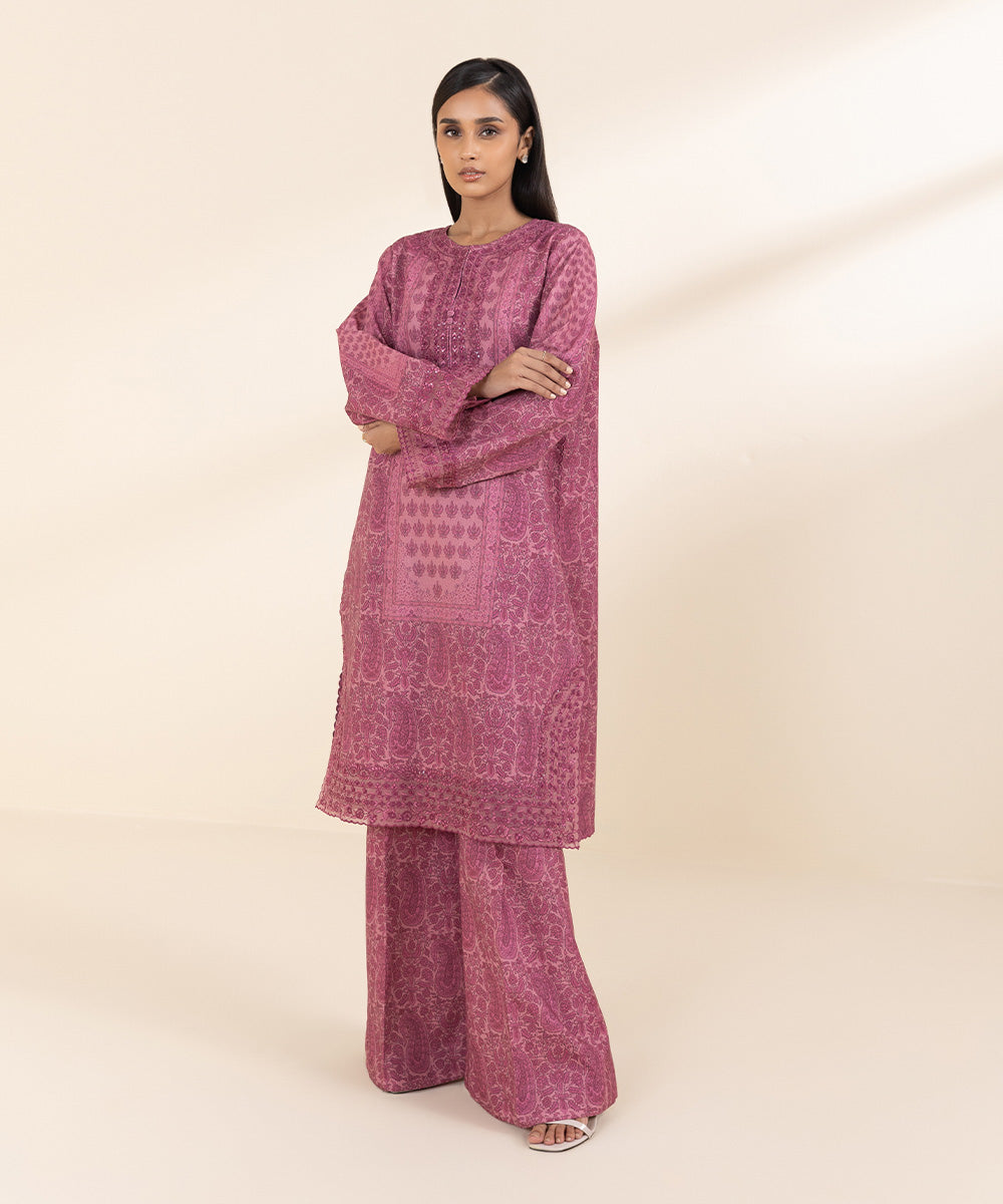 Women's Unstitched Cotton Karandi Pink Embroidered 2 Piece Suit