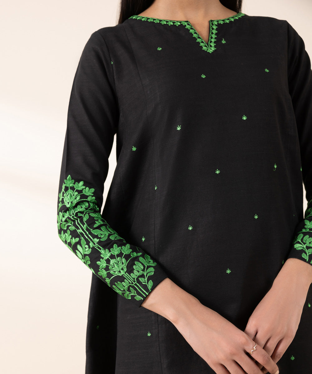 Women's Unstitched Khaddar Black Embroidered 2 Piece Suit 