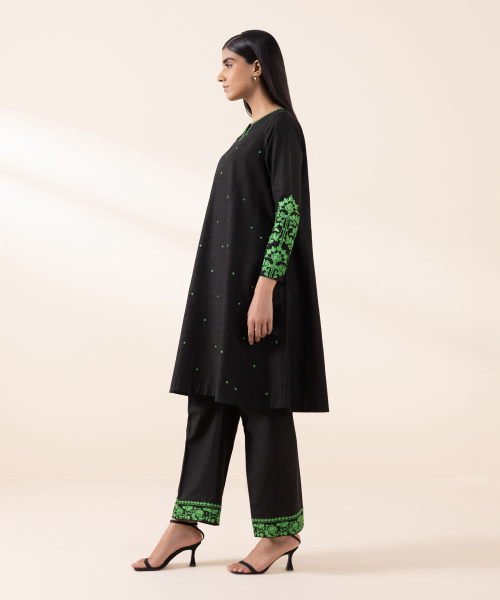 Women's Unstitched Khaddar Black Embroidered 2 Piece Suit 