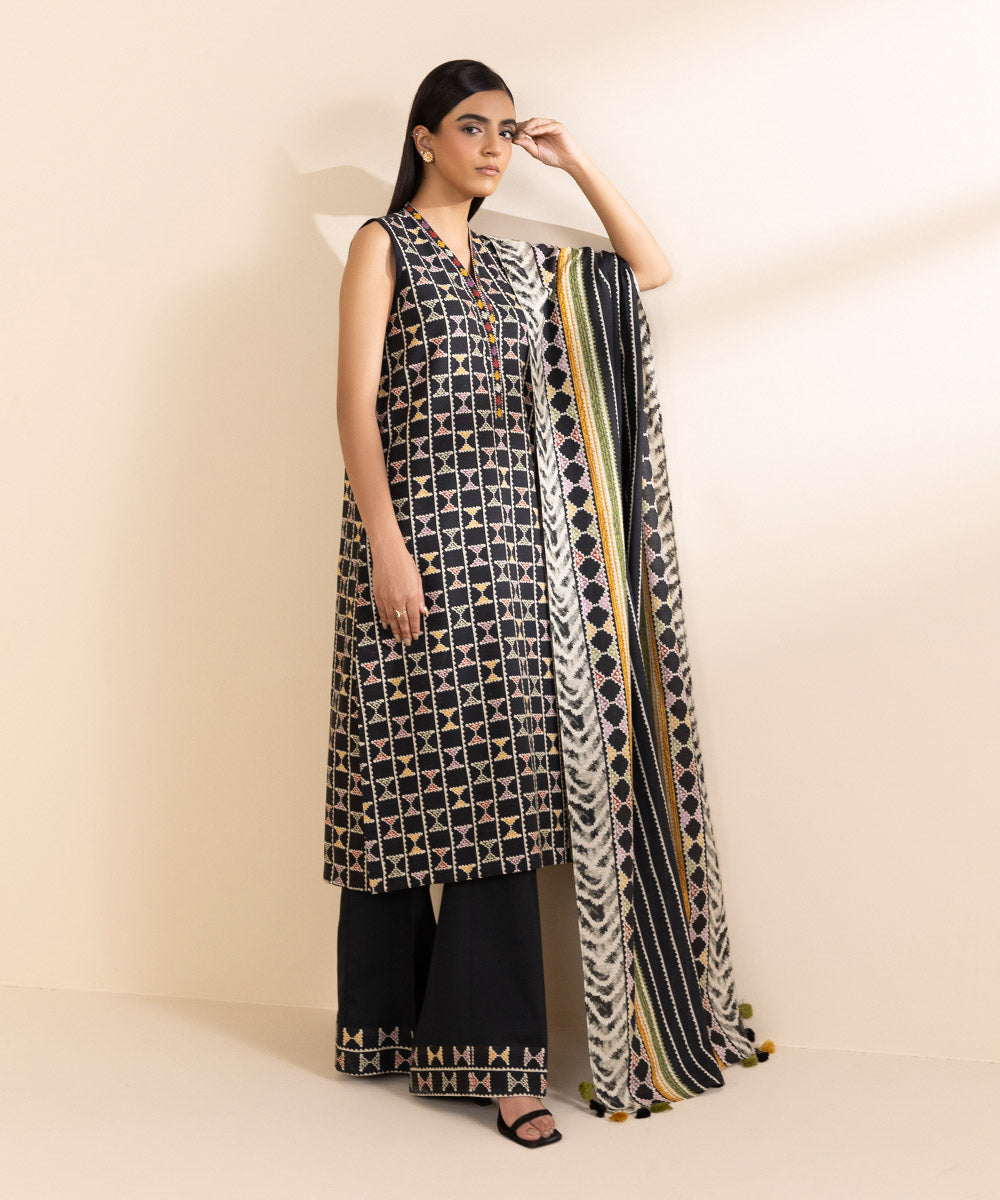 Women's Unstitched Light Khaddar Printed Multi 3 Piece Suit