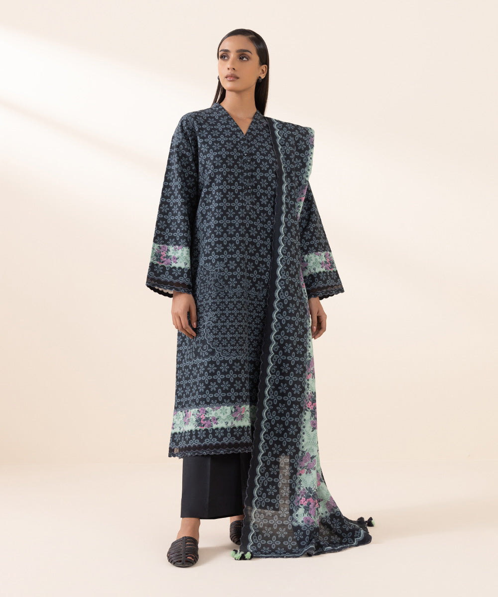 Women's Unstitched Light Khaddar Blue Printed 3 Piece Suit