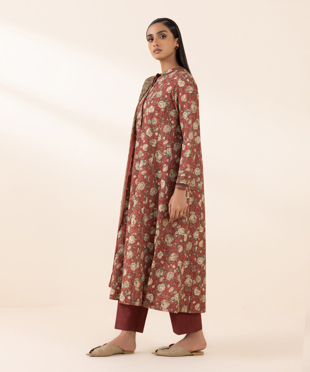 Women's Unstitched Khaddar Red Printed 3 Piece Suit