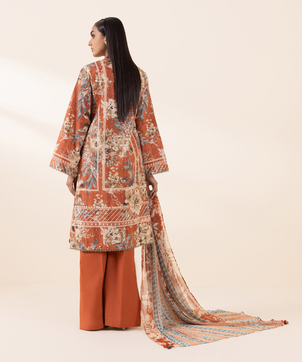 Women's Unstitched Cambric Orange Printed 3 Piece Suit