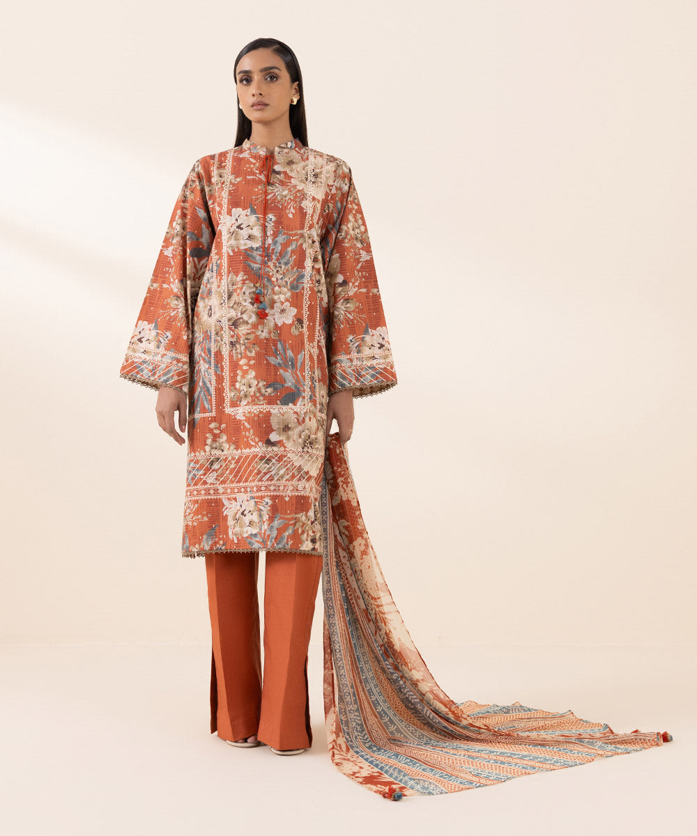 Women's Unstitched Cambric Orange Printed 3 Piece Suit