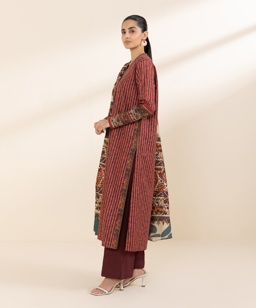 Women's Unstitched Khaddar Red Printed 3 Piece Suit