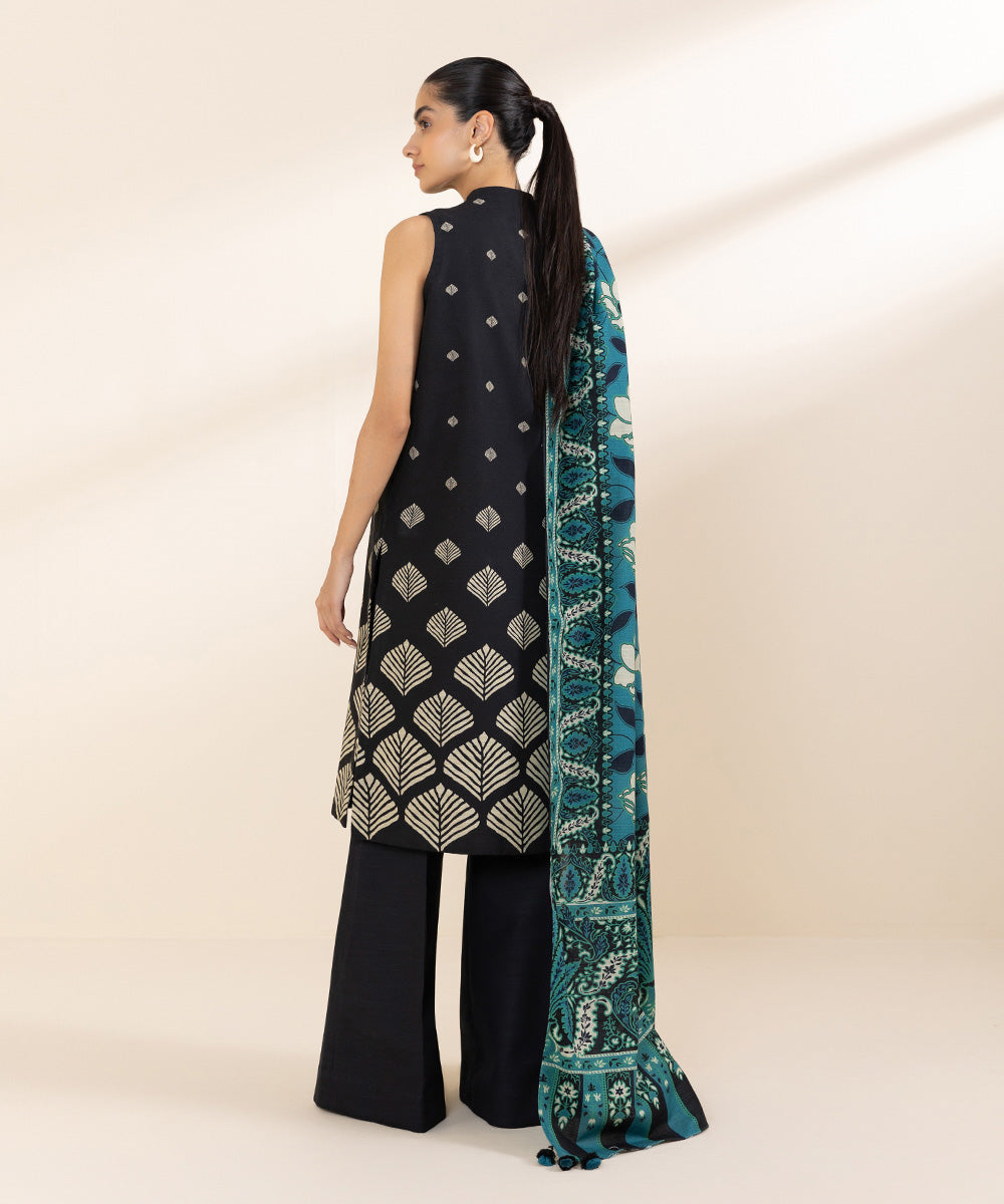 Women's Unstitched Khaddar Black Printed 3 Piece Suit