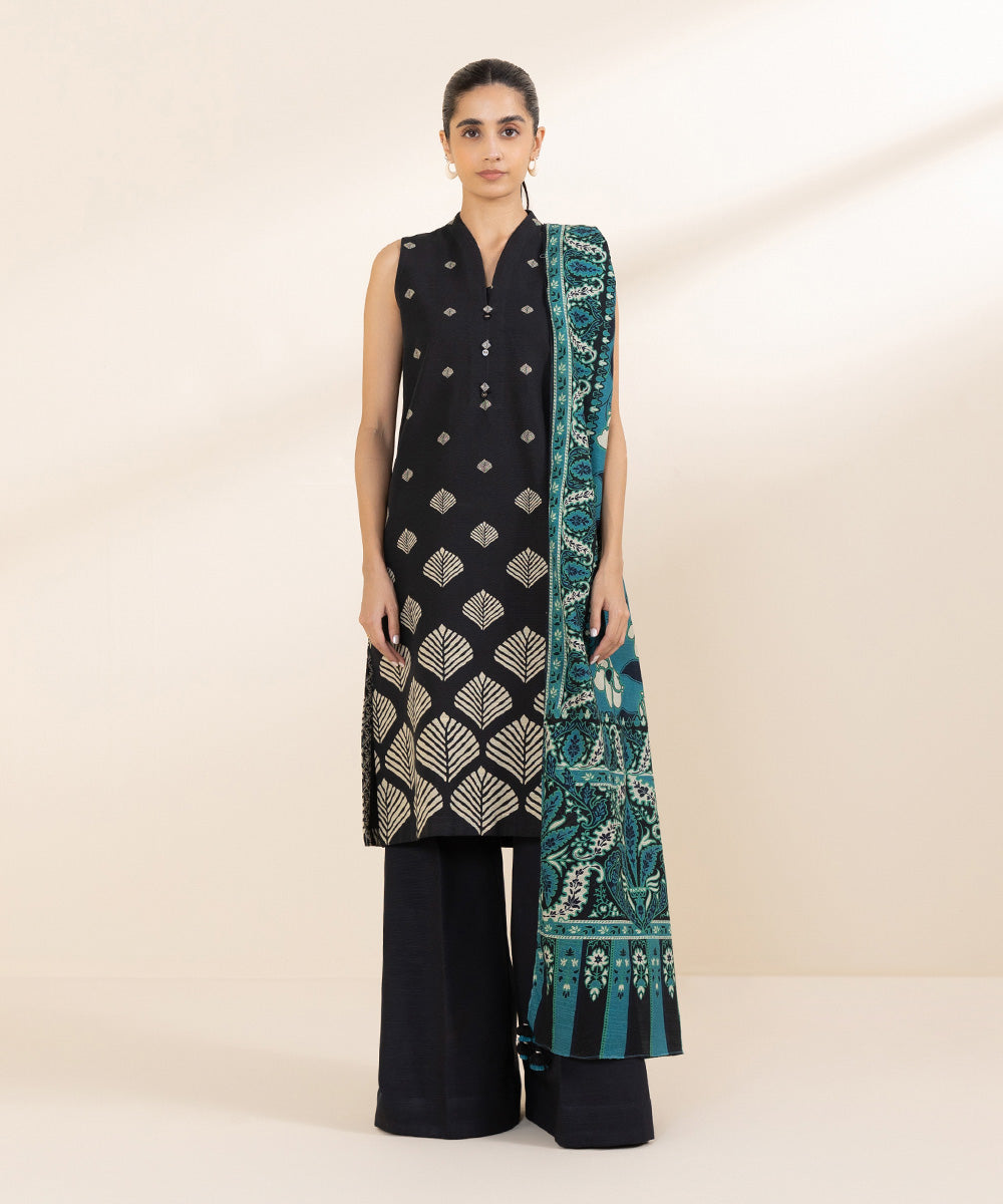 Women's Unstitched Khaddar Black Printed 3 Piece Suit